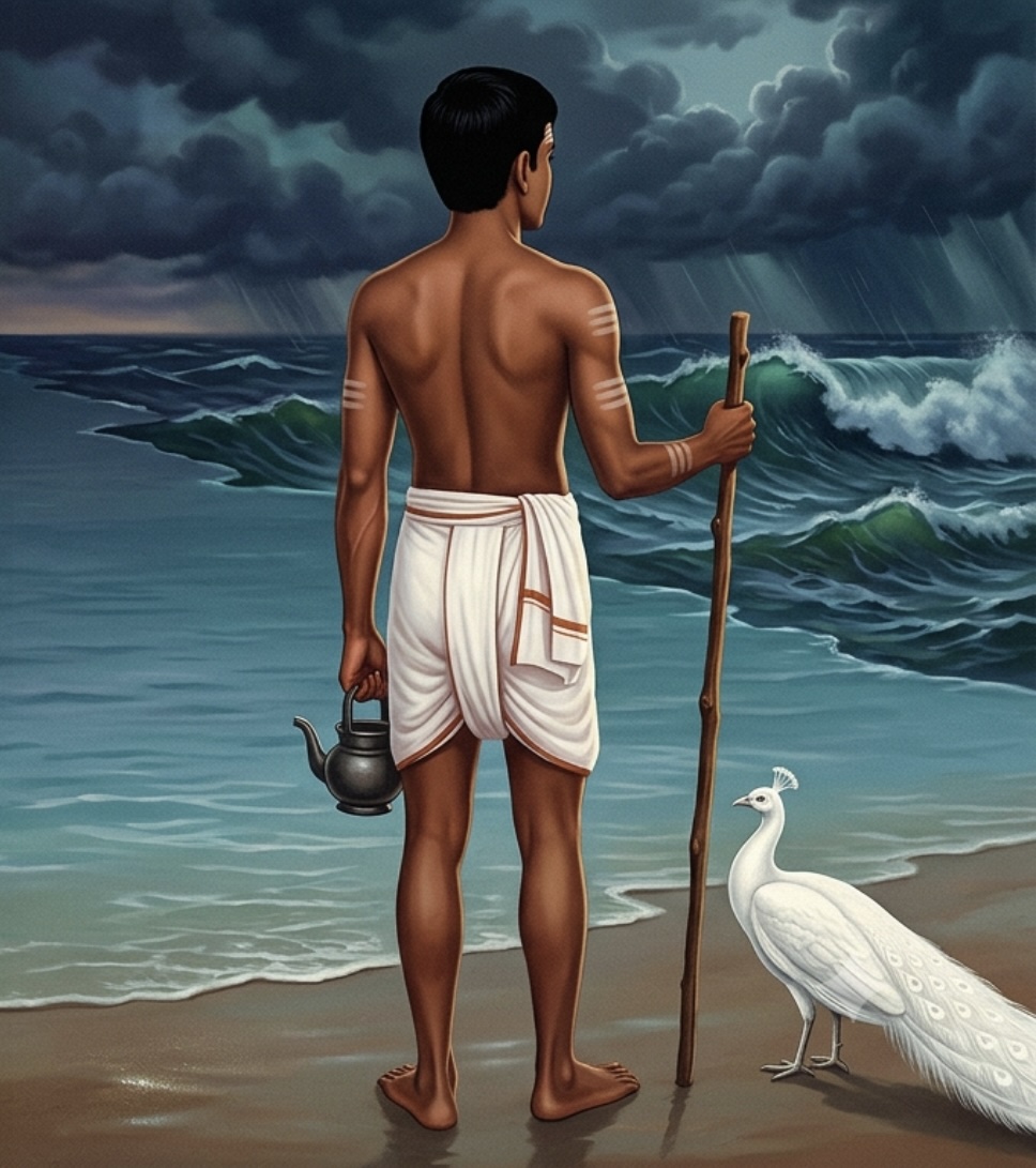 A young sage at the sea's edge before dawn, seen from behind, holding a staff and a water pot, a white peacock beside him and a storm massing offshore.