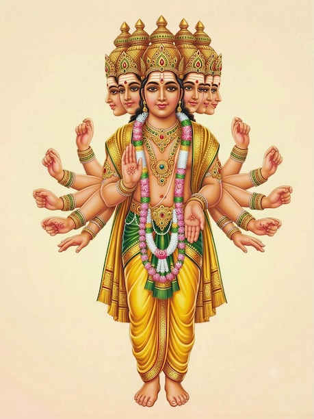 Shanmukha, six-faced and twelve-armed, rising in the calendar-art manner.